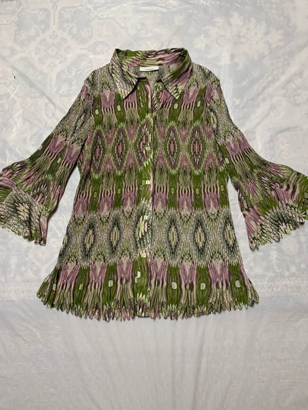 Dress Barn Vintage Y2K Micro Pleated Stretchy Bell Sleeve Babydoll Print Top 2X